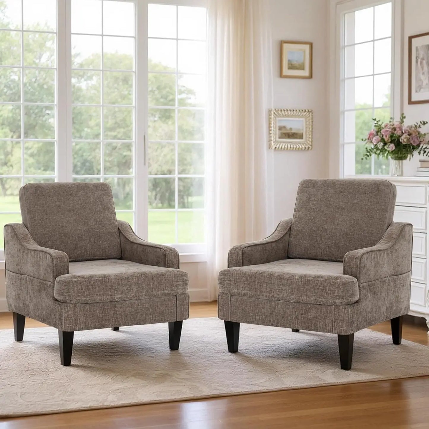 MOYU Accent Chairs Set Of 2 Mid Century Upholstered Armchairs Chenille