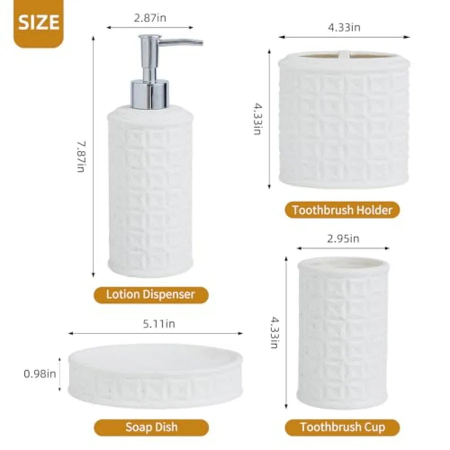 4-Piece Bathroom Accessory Set - White Ceramic Bathroom Decor for Counter Organization with Soap Dispenser Toothbrush Holder Tu