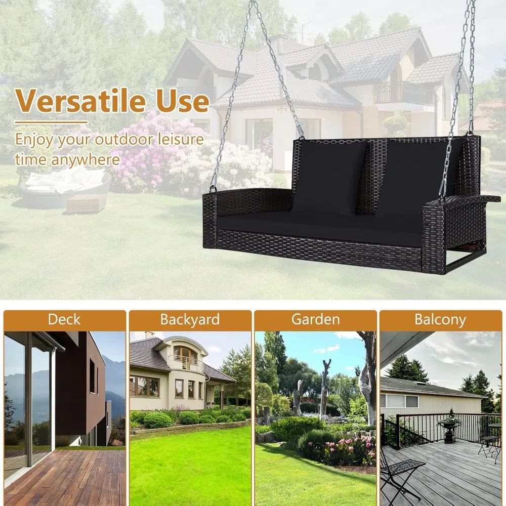 RBXC Outdoor Porch Swing Bench 2Seater Rattan Cushioned Steel Chain