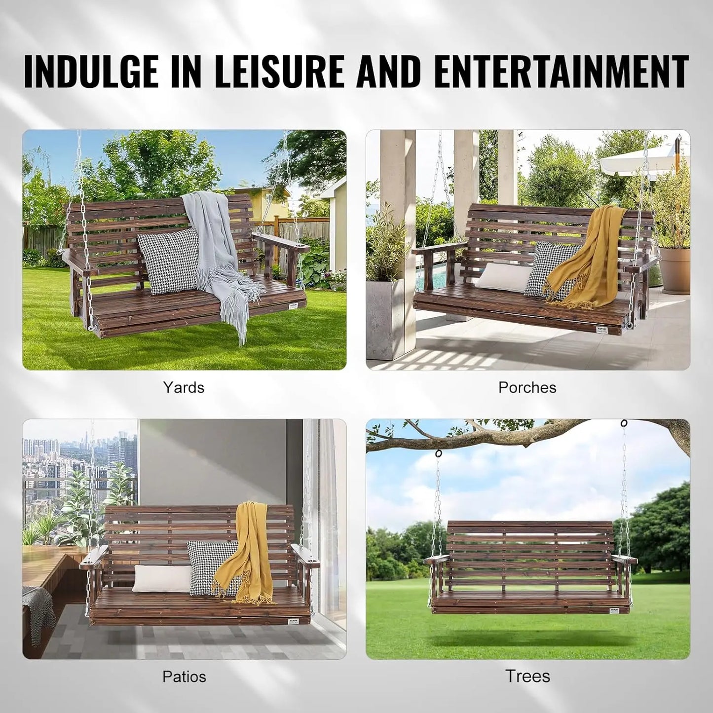 Outdoor Wooden Porch Swing Heavy Duty Hanging Bench Chair