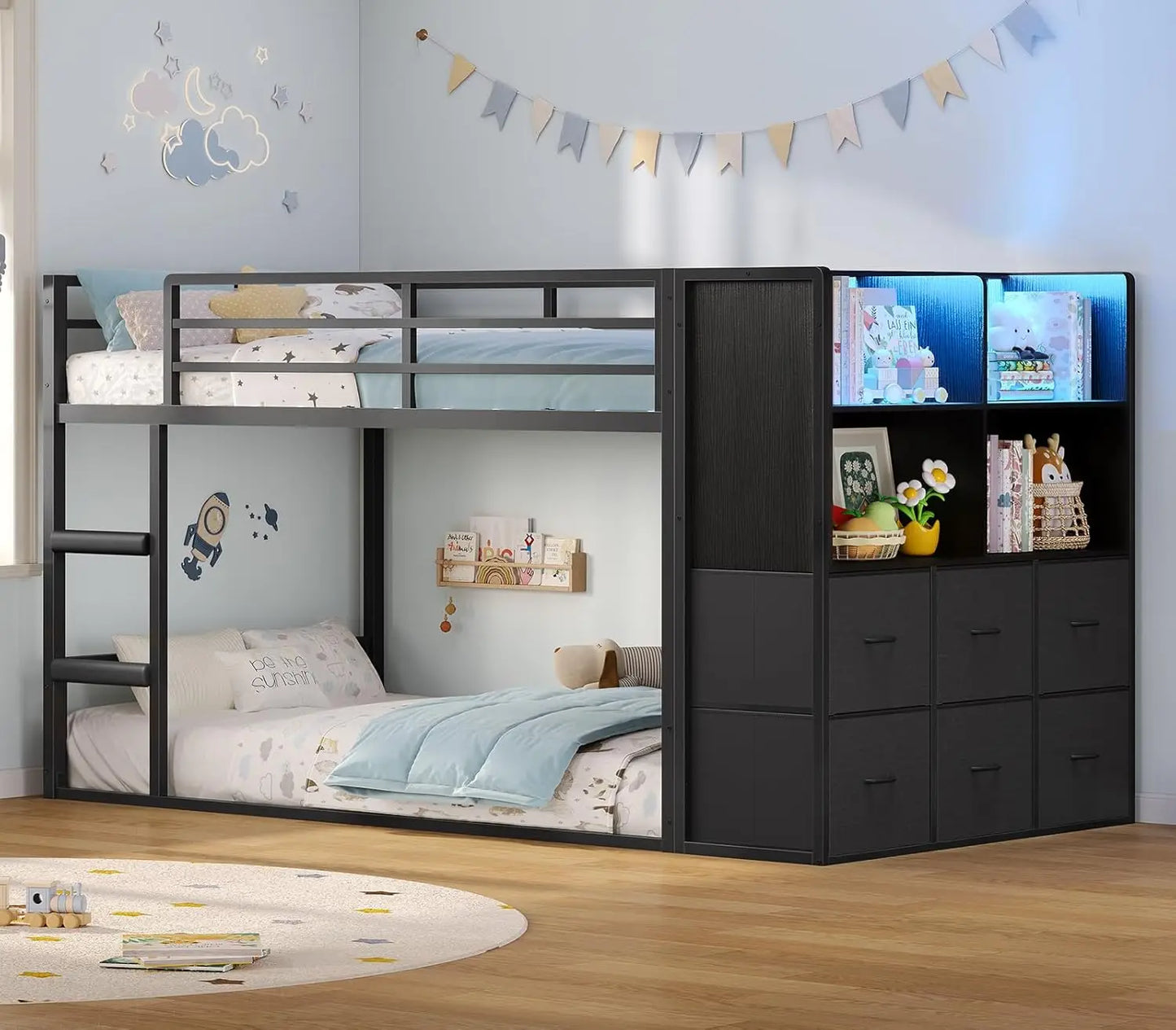 Twin Over Twin Bunk Bed With Fabric Drawers And Wooden Storage Shelves