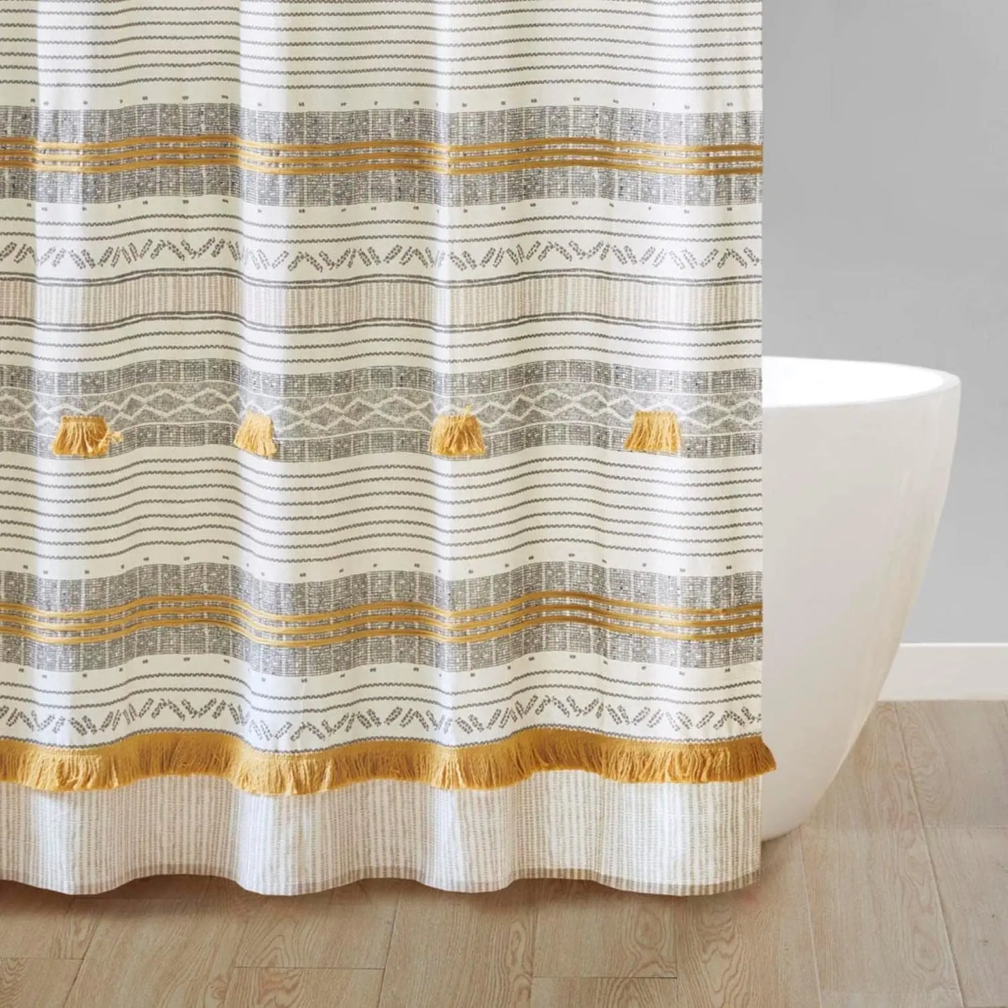 Boho Chic Cotton Shower Curtain With Tassel Trim For Bath