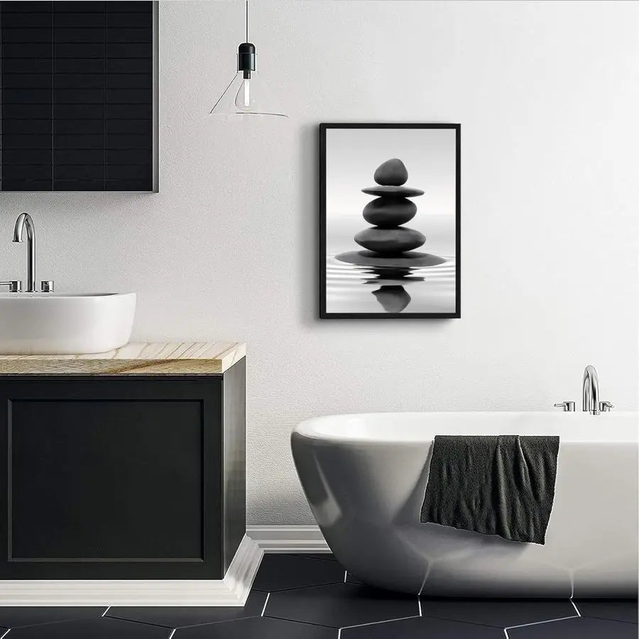 Zen Stones Water Reflection Framed Bathroom Wall Art
