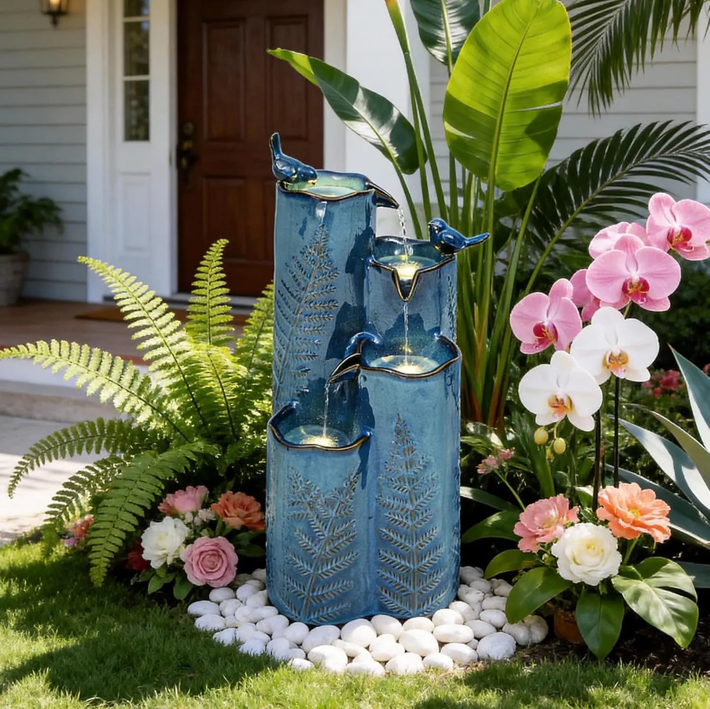 Ceramic Outdoor Water Fountain With Led Four Tier Cascading Waterfall