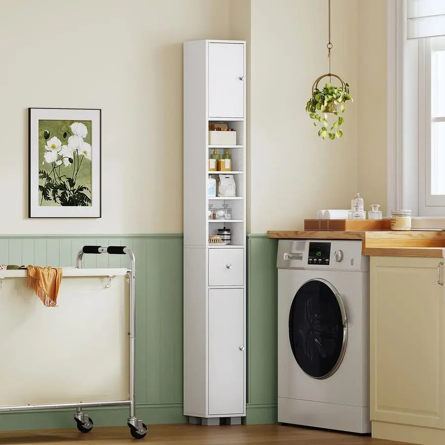 XMSJ Narrow Bathroom Cabinet With Adjustable Shelves And Drawer