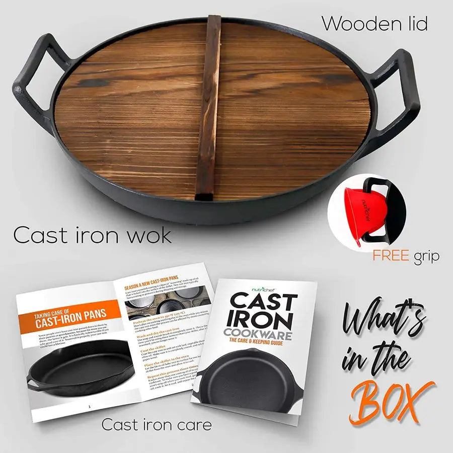 Cast Iron Wok With Wooden Lid Preseasoned For Stir Fry