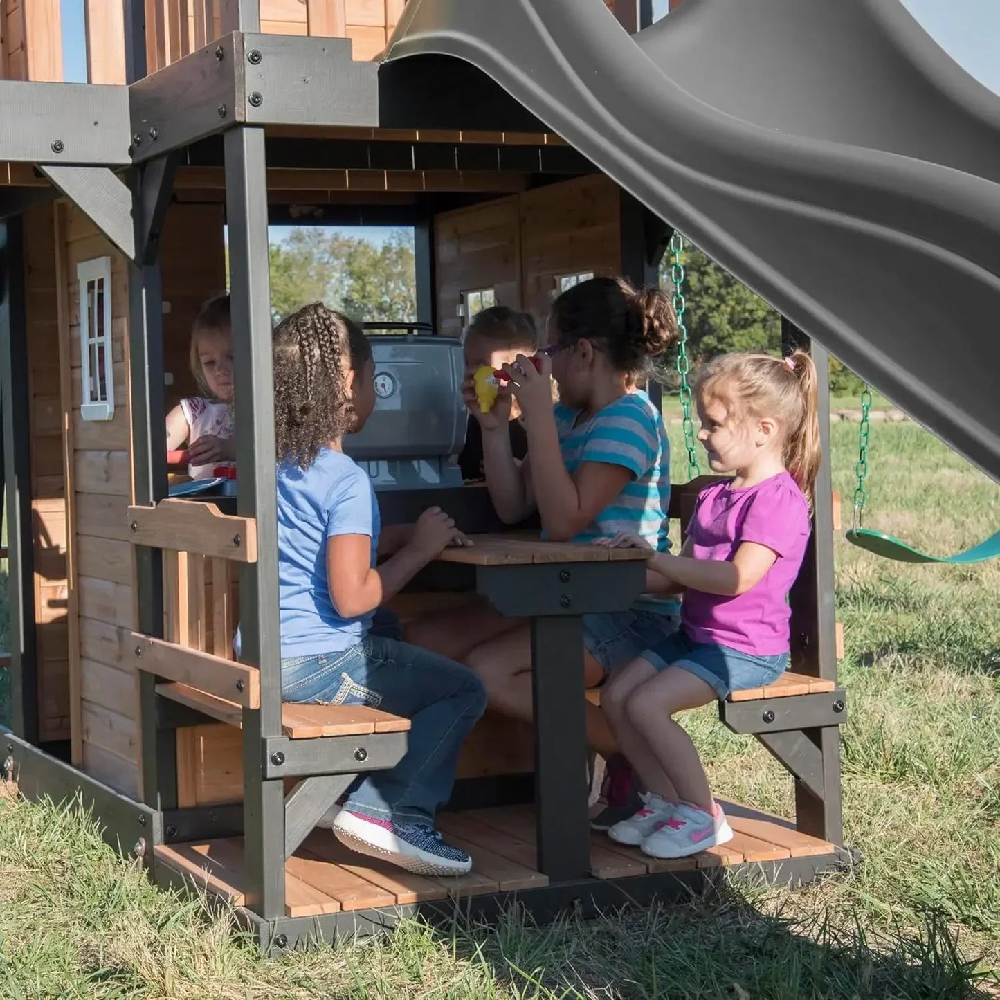 Cedar Wood Swing Set With Wave Slide And Clubhouse