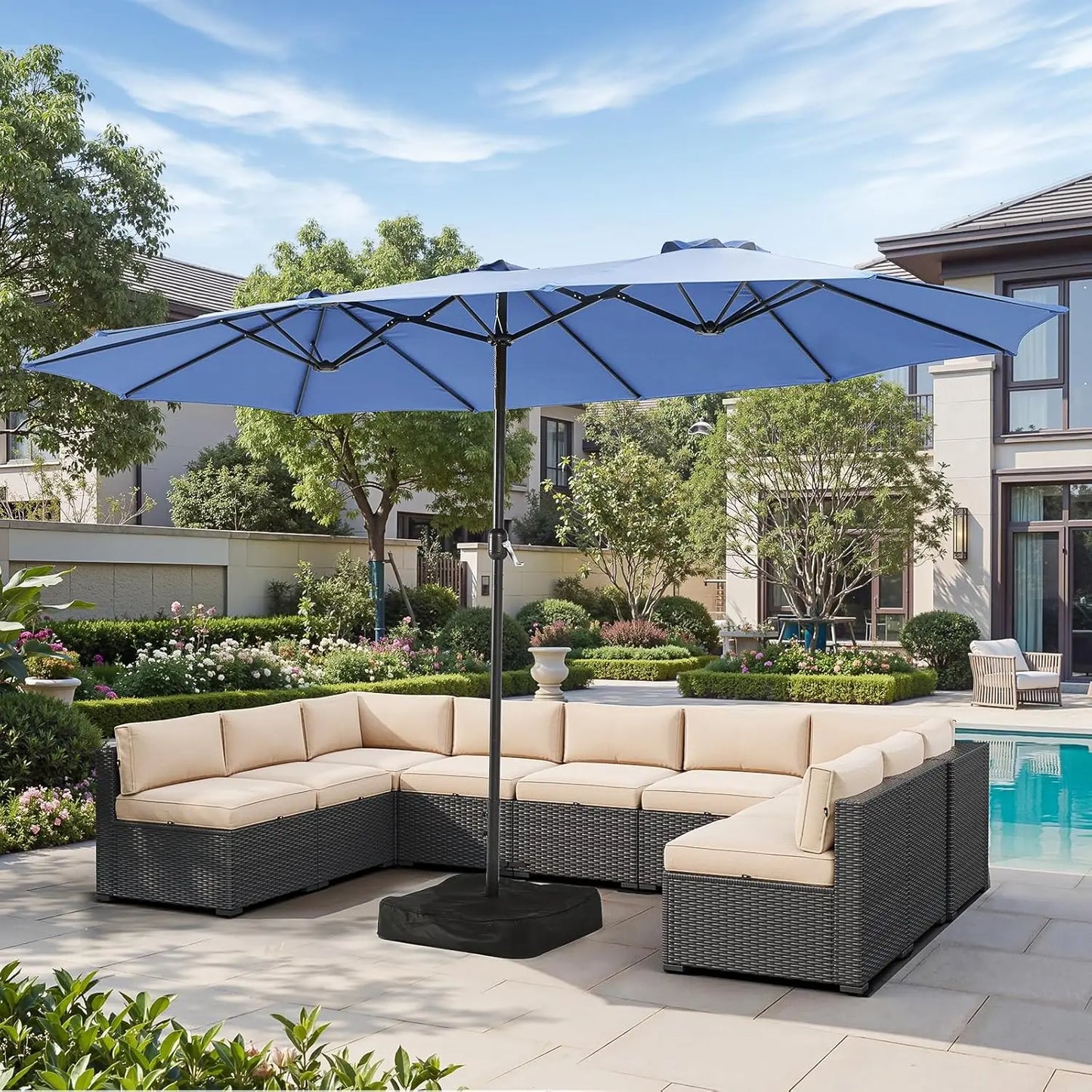 Double-Sided Rectangular Patio Umbrella With Crank And Base