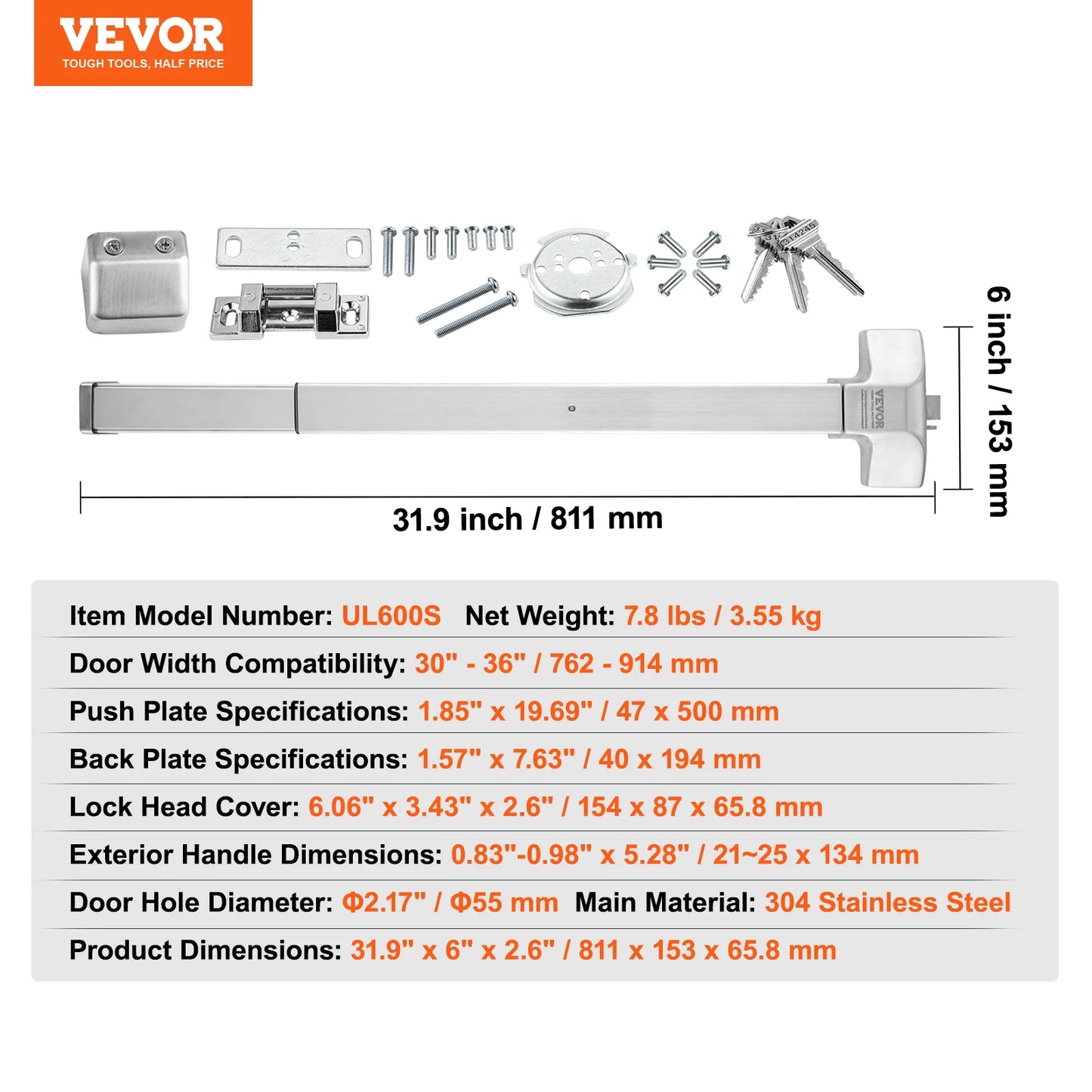 SucceBuy Push Bar Door Lock Panic Exit Device Stainless Steel