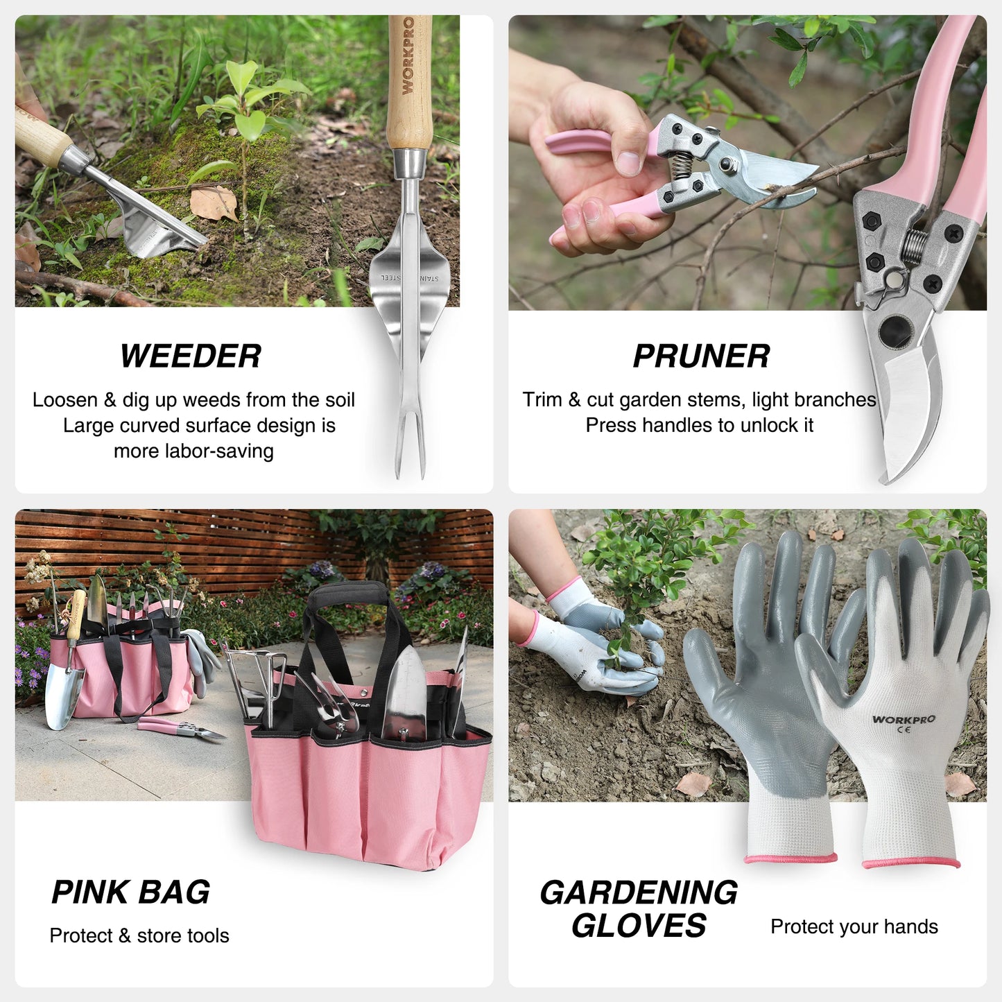 WORKPRO Garden Tool Set With Stainless Steel And Wood Handles