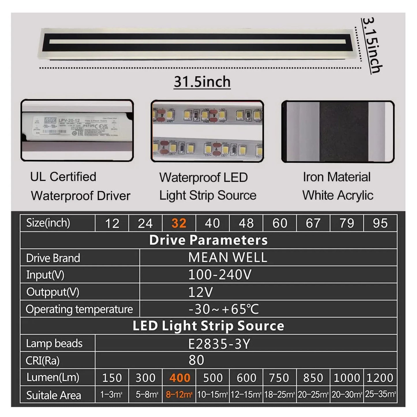 Outdoor Long LED Wall Light Strip Sconce IP67 Frosted Acrylic