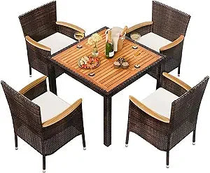 7 Piece Outdoor Wicker Patio Dining Set With Wooden Table