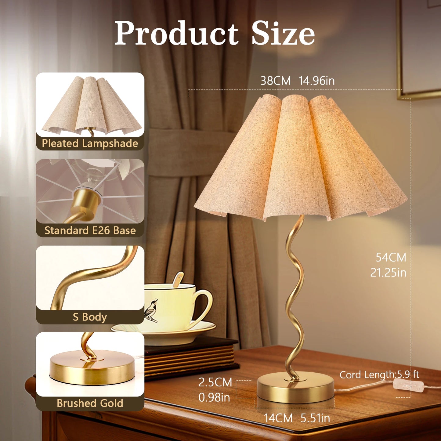 Modern Table Lamp Scalloped Pleated Bedside Nightstand Decor