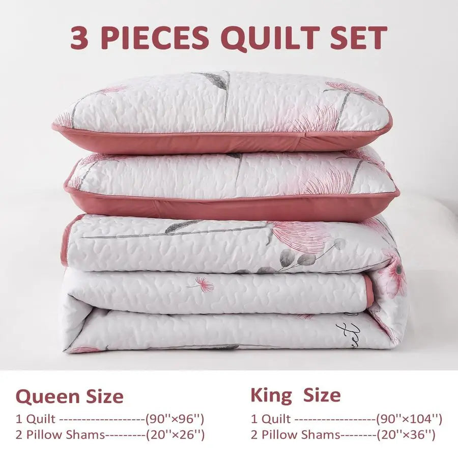 Floral Quilt Set 3 Piece Wool Filled Lightweight Farmhouse Bedding