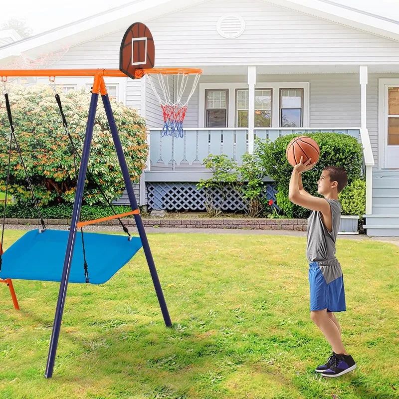 YTYIN Metal Swing Set With Climbing Ladder And Basketball Hoop