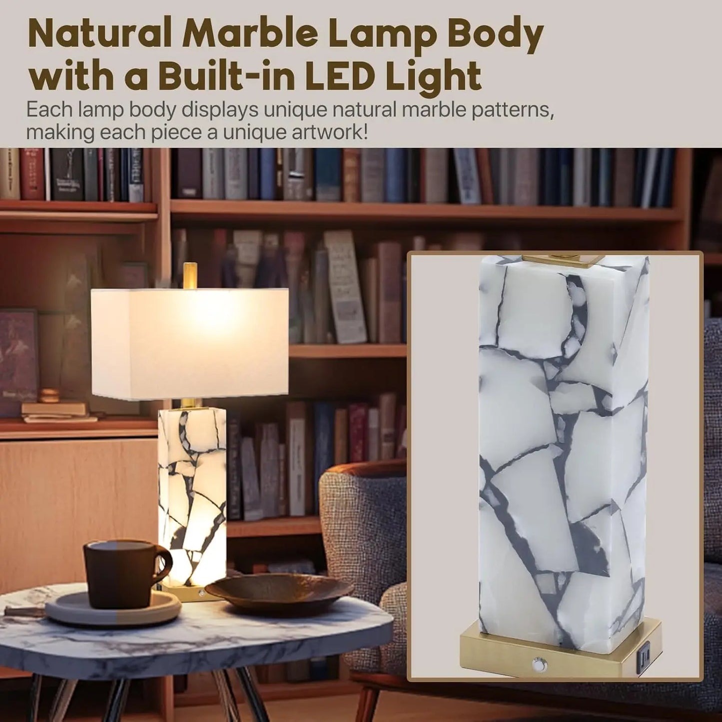 Natural Marble Table Lamps Set Of 2 With USB Ports