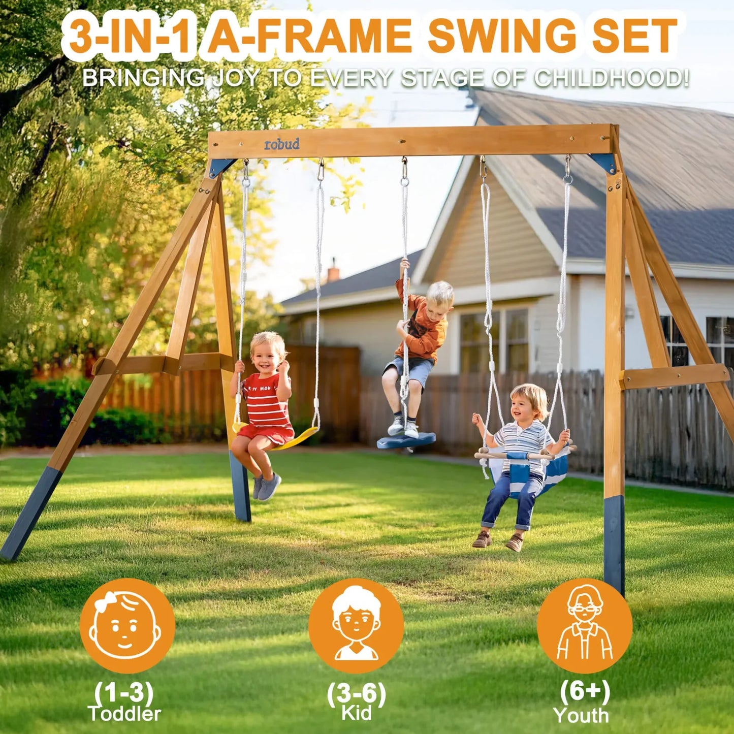 Robotime Robud 3-In-1 Playground Wooden Swing Set Backyard