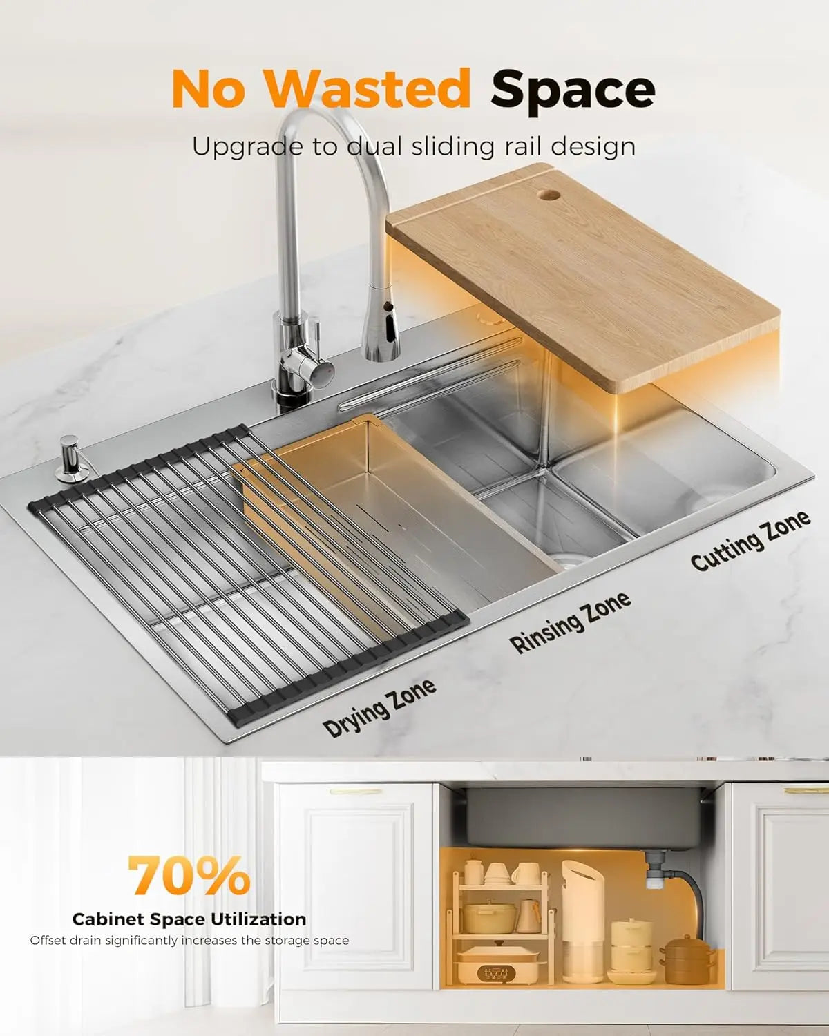 Stainless Steel Kitchen Sink With Fast Drain And Foldable Grid