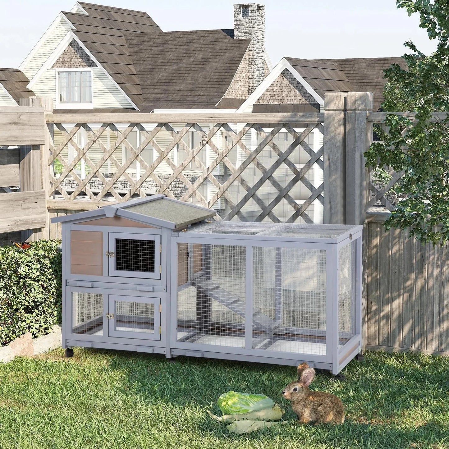 Wooden Rabbit Hutch With Two Levels And Waterproof Roof
