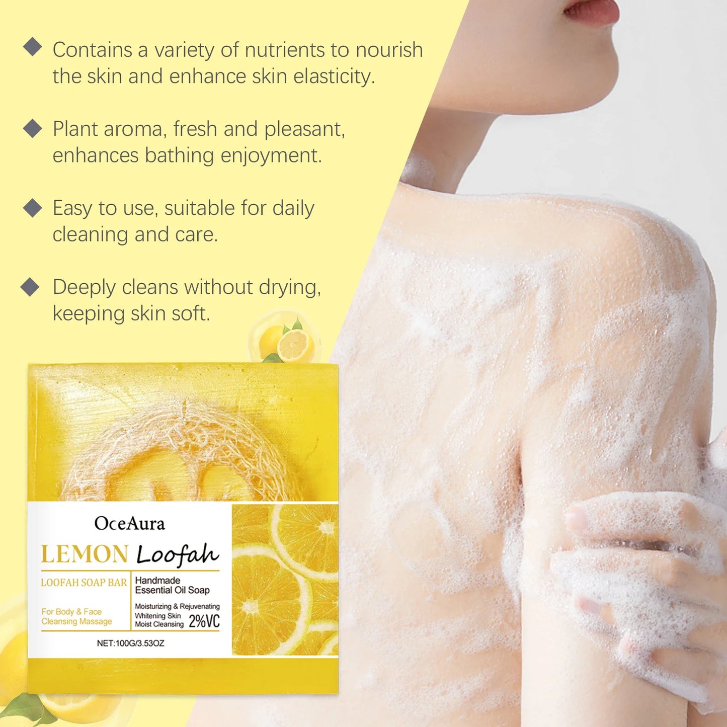 OceAura Lemon Loofah Bath Soap Brightening Exfoliating Body Wash