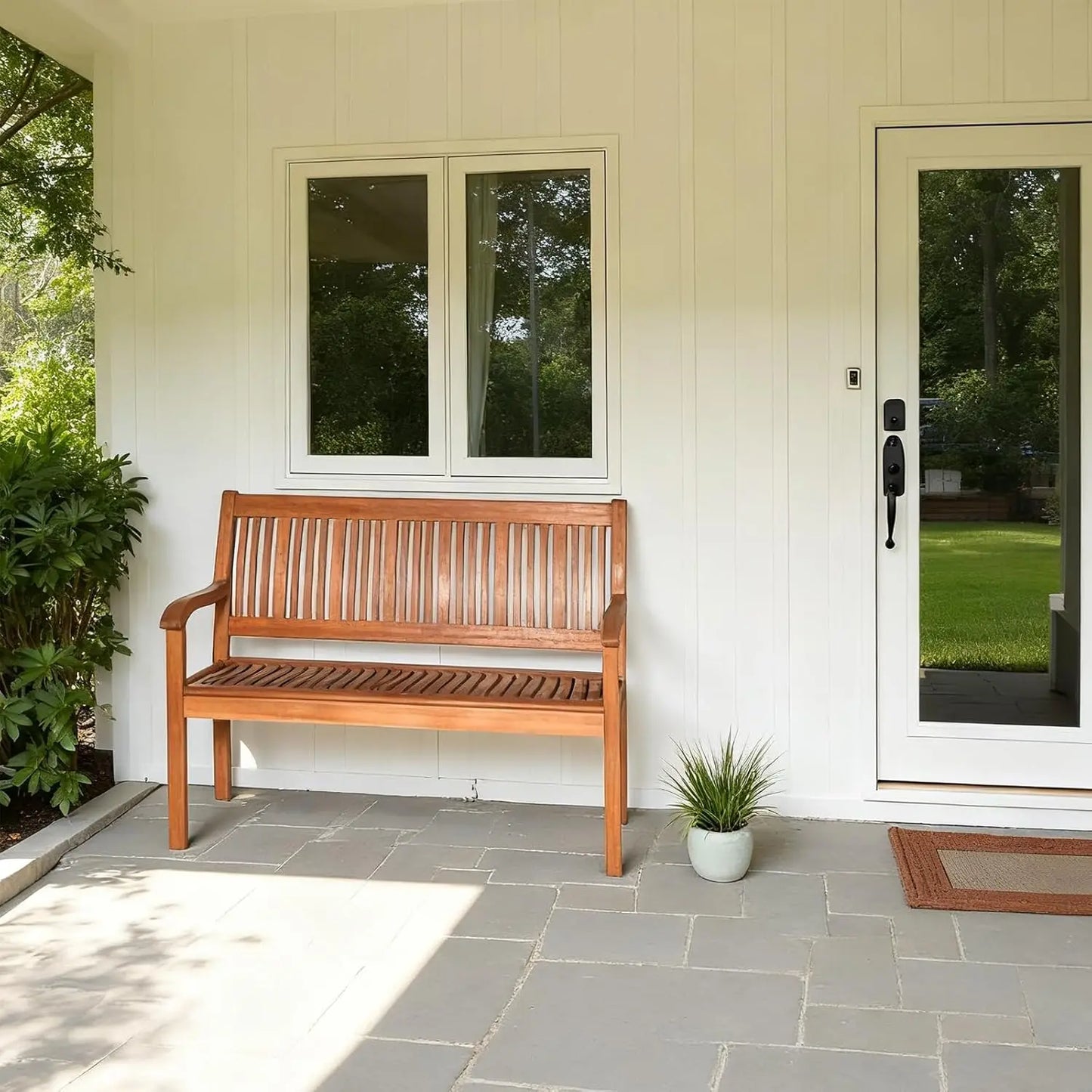Outdoor Wooden Bench With Curved Armrests And Backrest