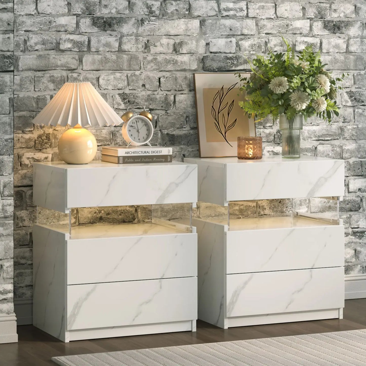 Cubehom Bedside Tables Set With LED Lighting Two Pieces Three Drawers