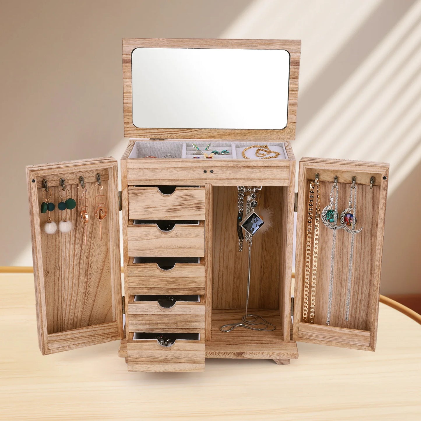 Wood Jewelry Box Organizer With Drawers And Mirror