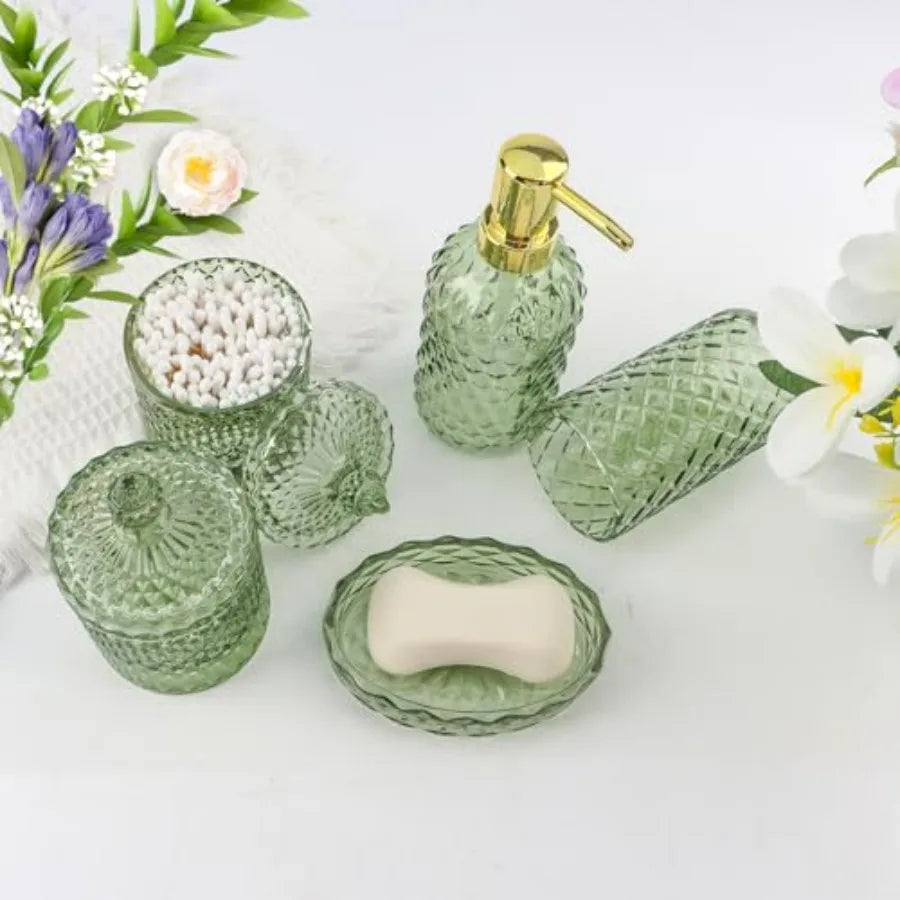 5Pcs Glass Bathroom Accessories Set Green Vintage Bathroom Counter Sink Toothbrush Holder Set with Hand Lotion Soap Dispenser T