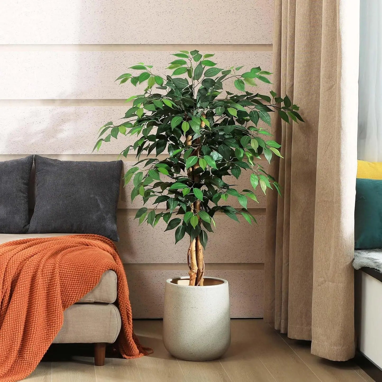 Artificial Ficus Tree With Wood Trunk In Plastic Pot