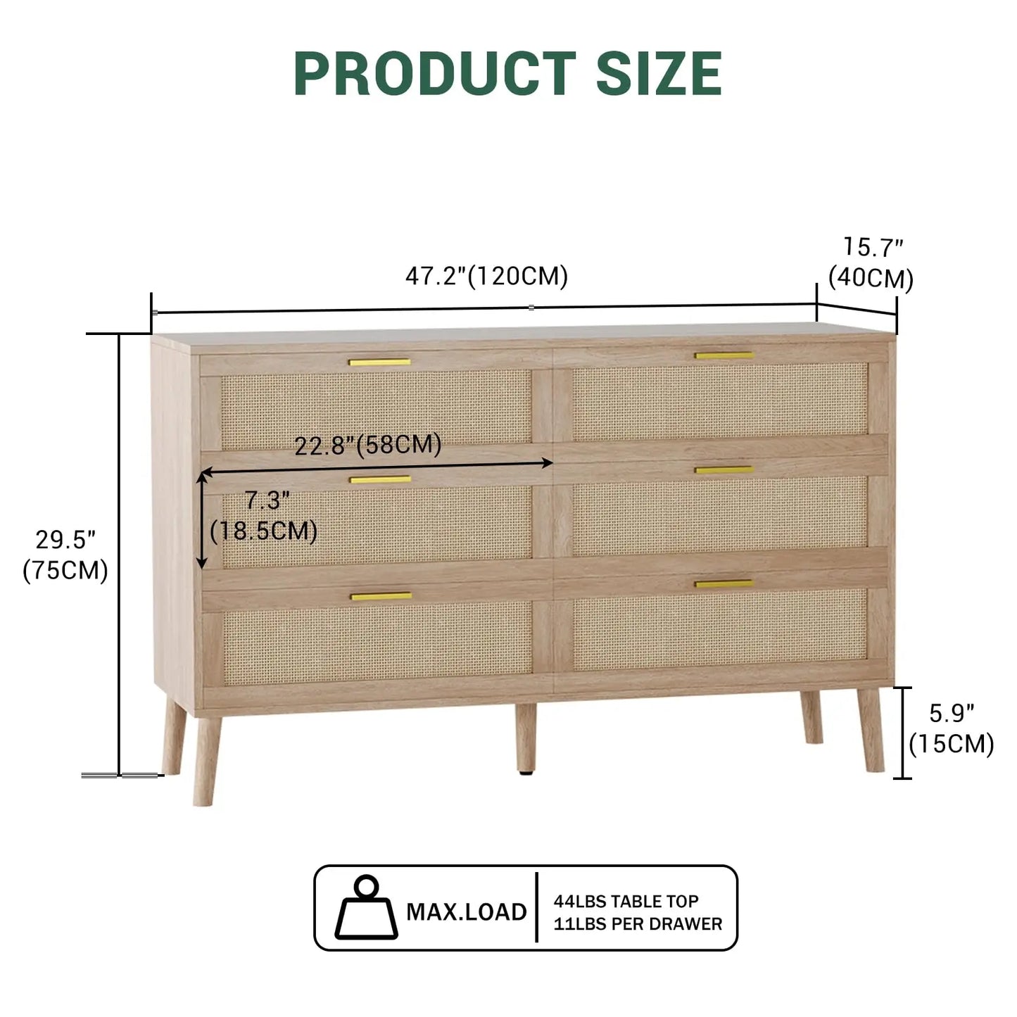 HiMISS 6 Drawer Rattan Dresser Mid Century Modern Wood Storage