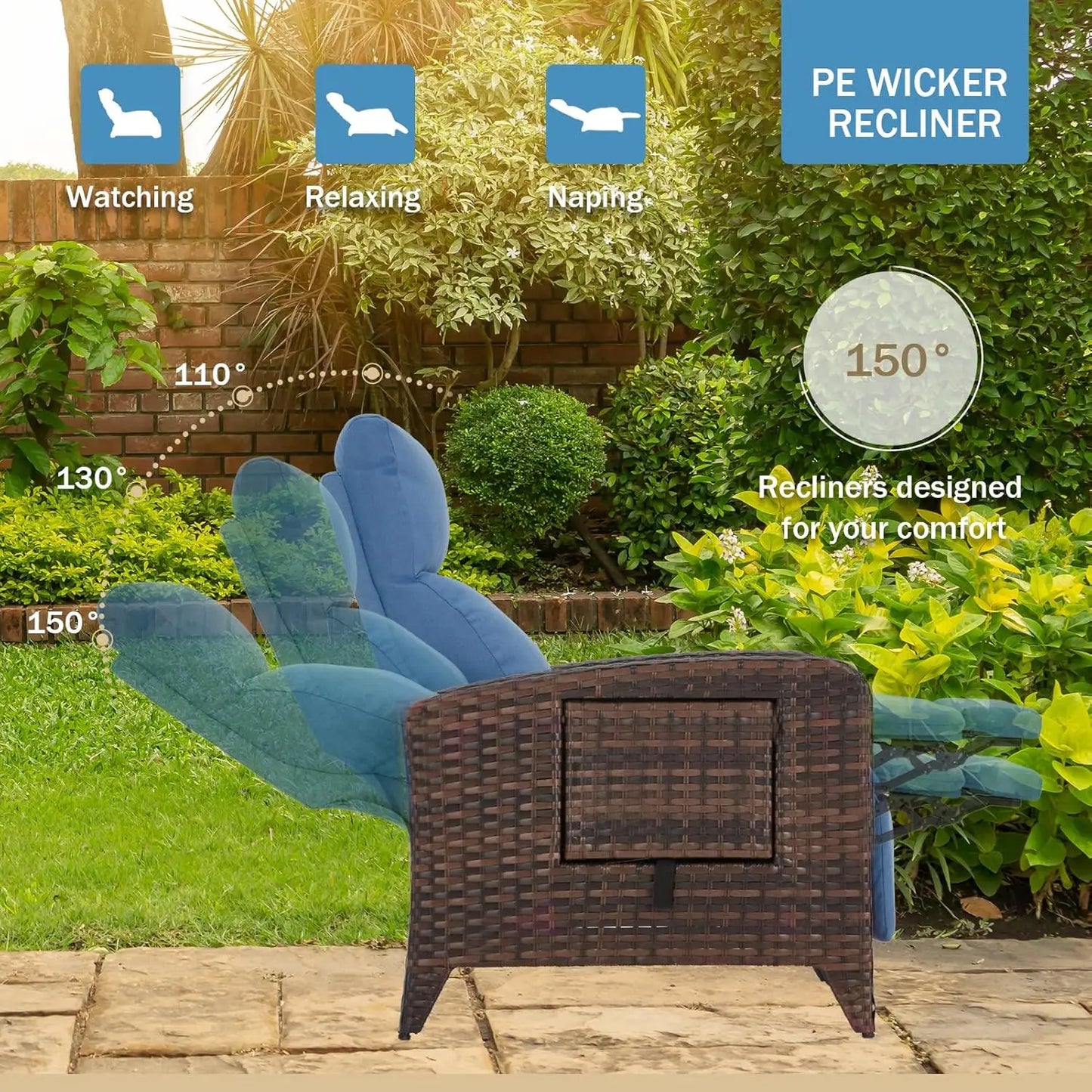 Outdoor Wicker Recliner Chair With Adjustable Backrest To 150 Degrees