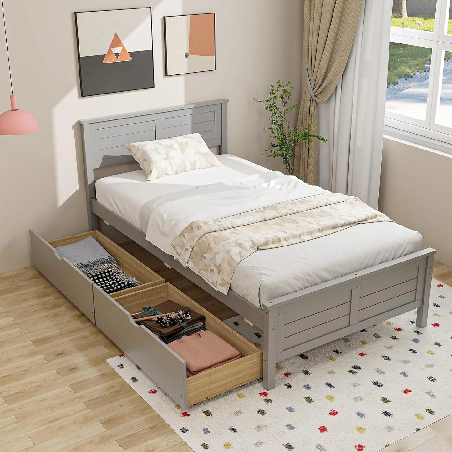 Wood Twin Platform Bed With Headboard And Slat Support