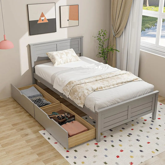 Wood Twin Platform Bed With Headboard And Slat Support