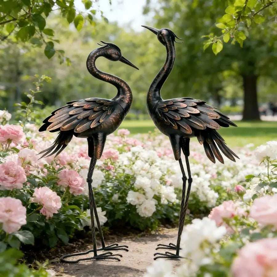 Metal Crane Garden Statue Handcrafted Yard Art For Patio And Lawn