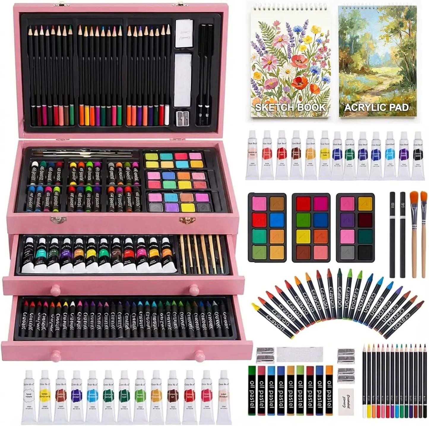 Wooden Art Set 175 Piece With Drawing Pads And Paints