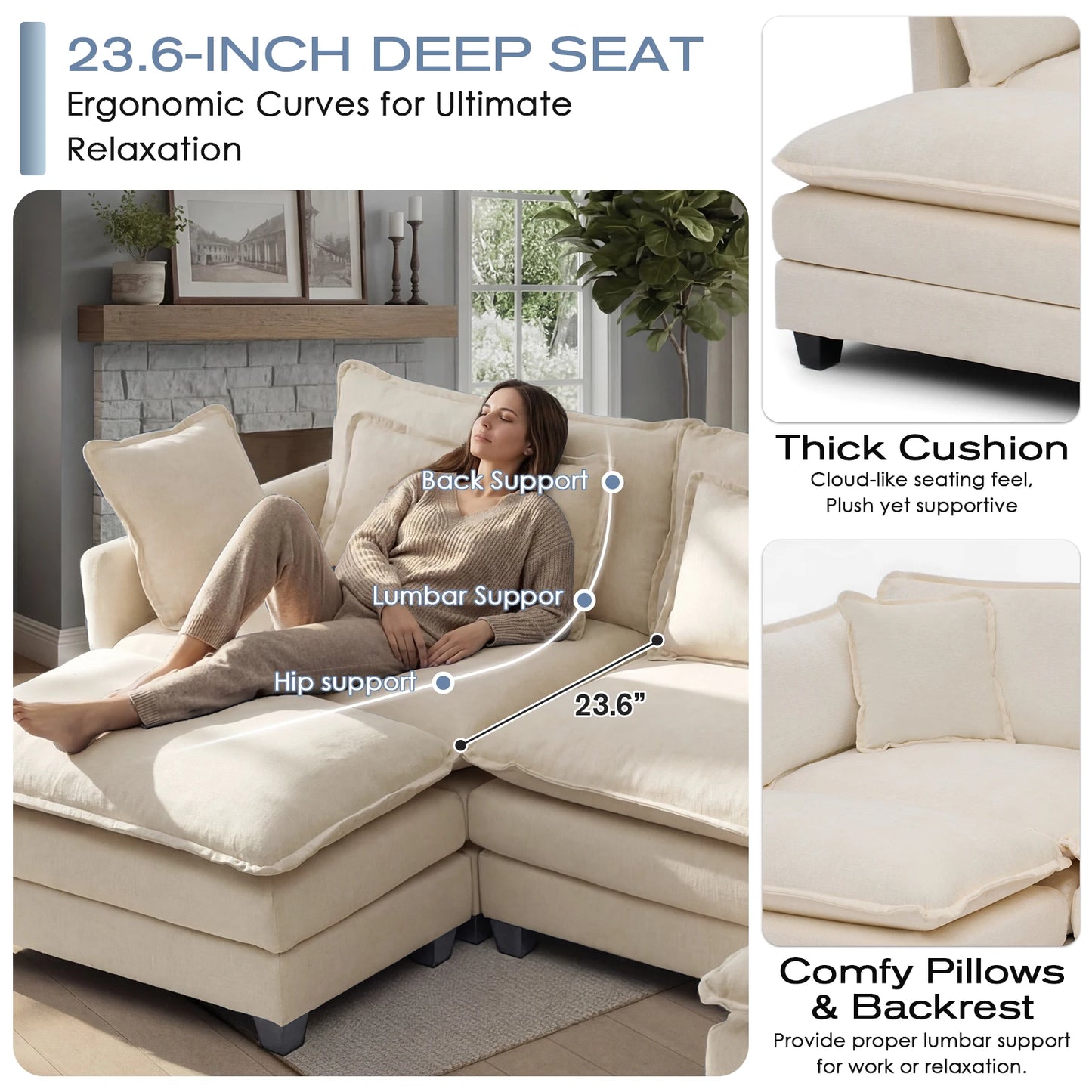 Redlife Modern Modular Sectional Sofa With Ottoman And Deep Seat