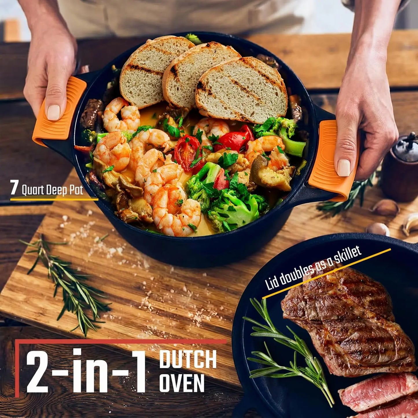 2-in-1 Cast Iron Dutch Oven With Pre-Seasoned Skillet Lid
