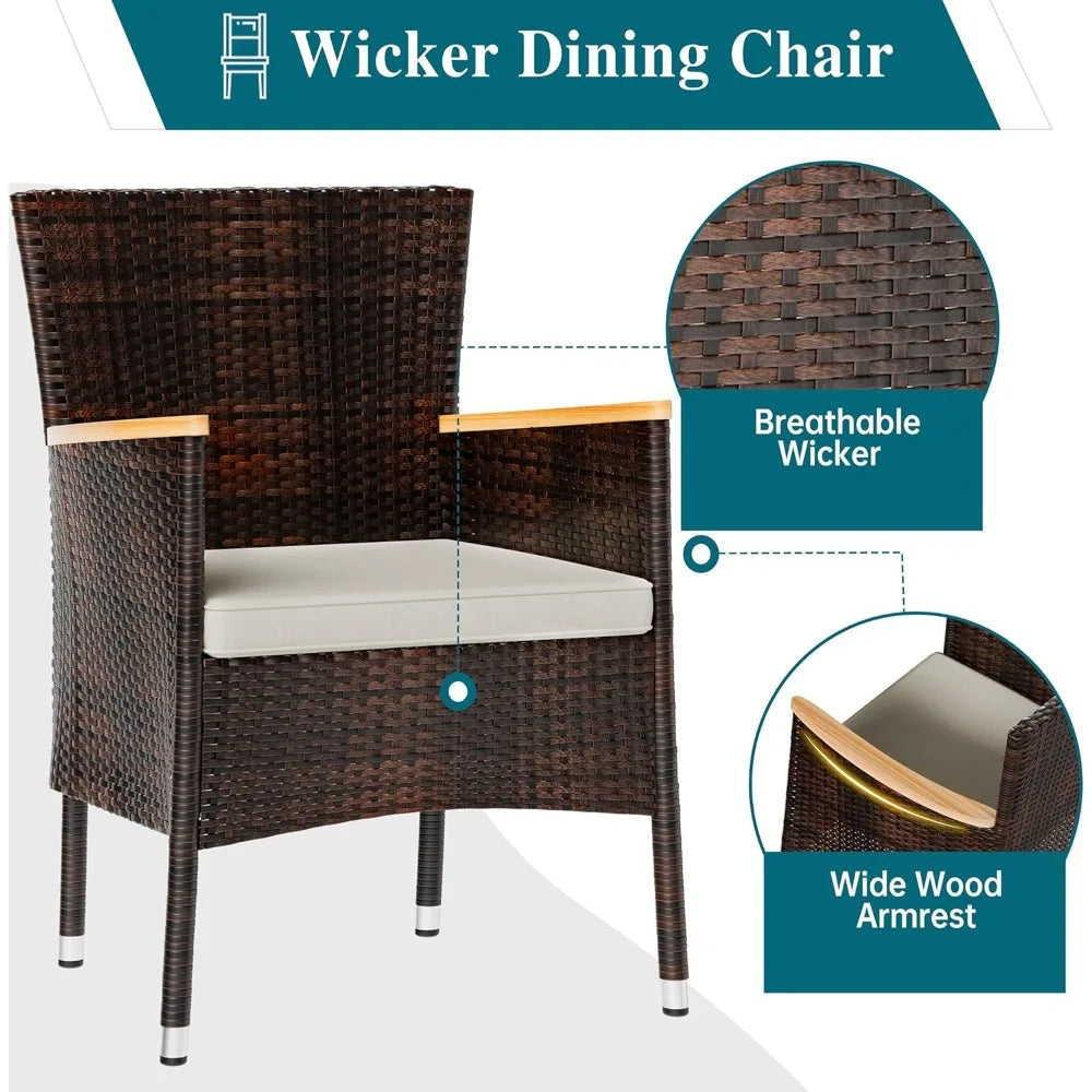 7 Piece Outdoor Wicker Patio Dining Set With Wooden Table