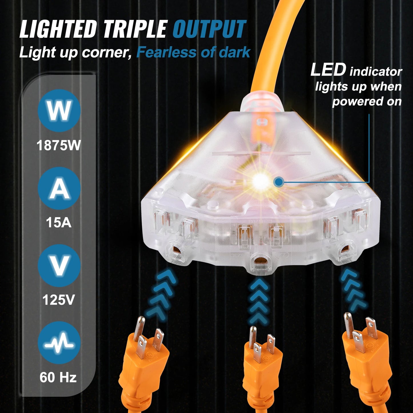 SucceBuy Retractable Extension Cord Reel 45 Ft Lighted Triple Tap Outlet