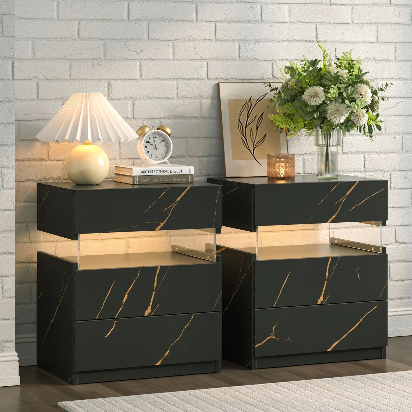 Cubehom Bedside Tables Set With LED Lighting Two Pieces Three Drawers