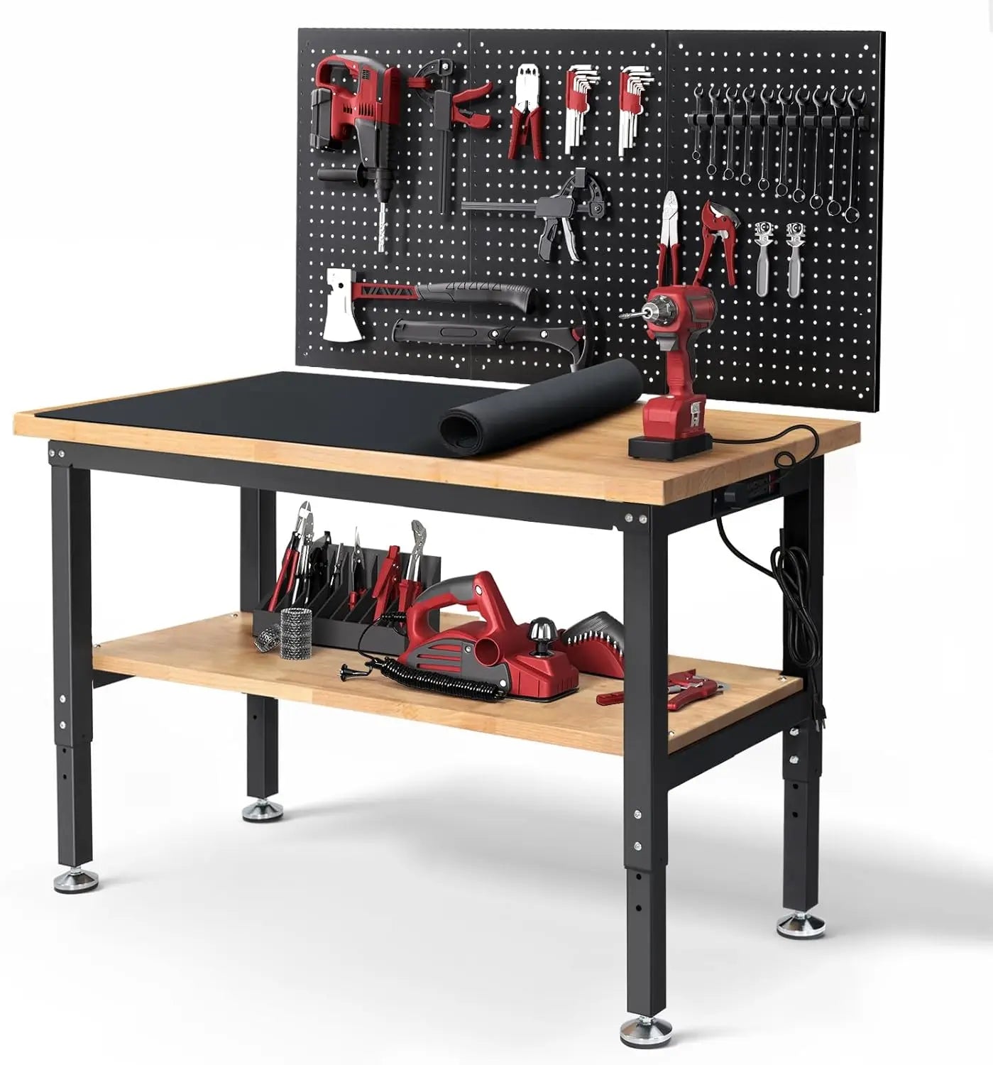 Adjustable Height Workbench With Storage Power Outlets Pegboard