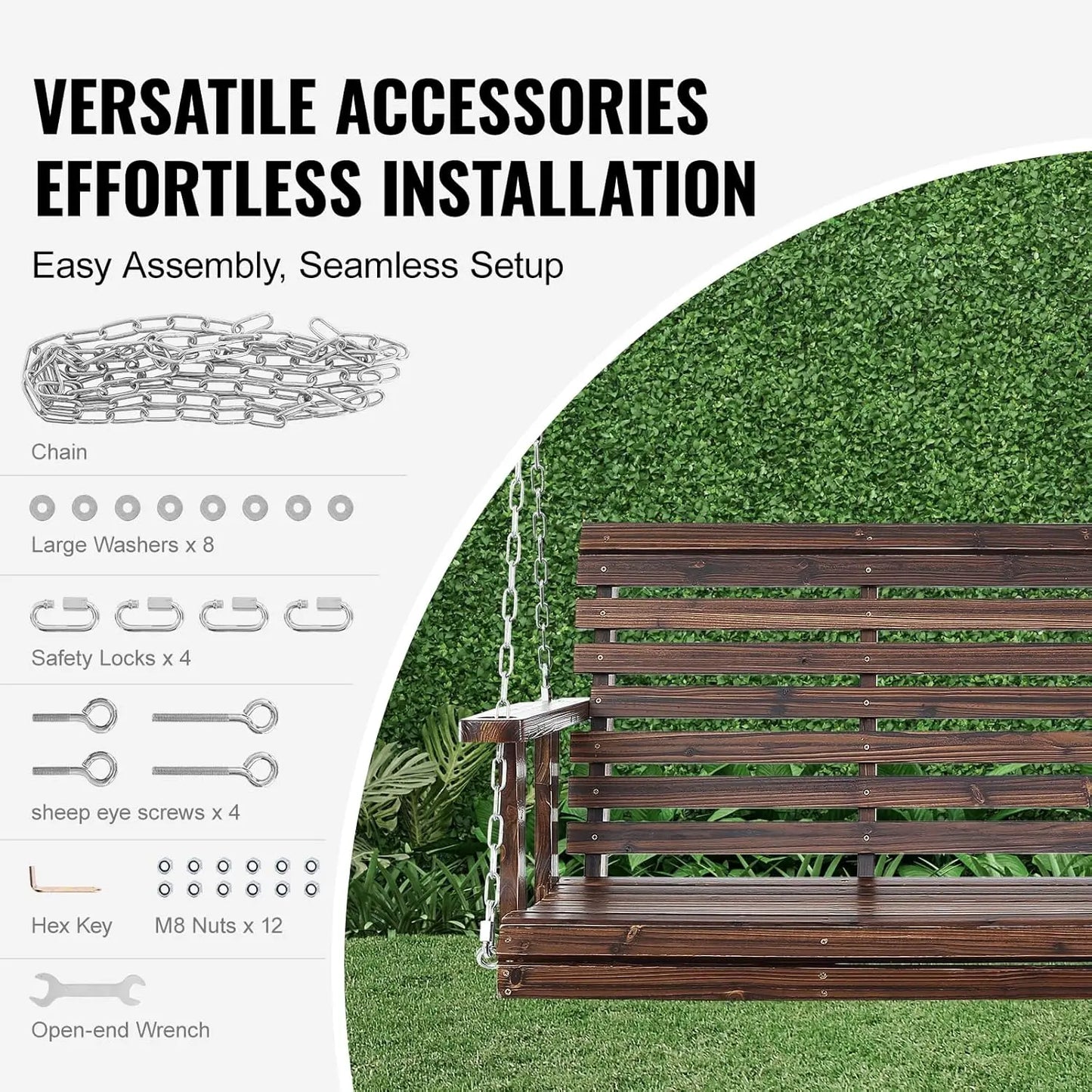 Outdoor Wooden Porch Swing Heavy Duty Hanging Bench Chair