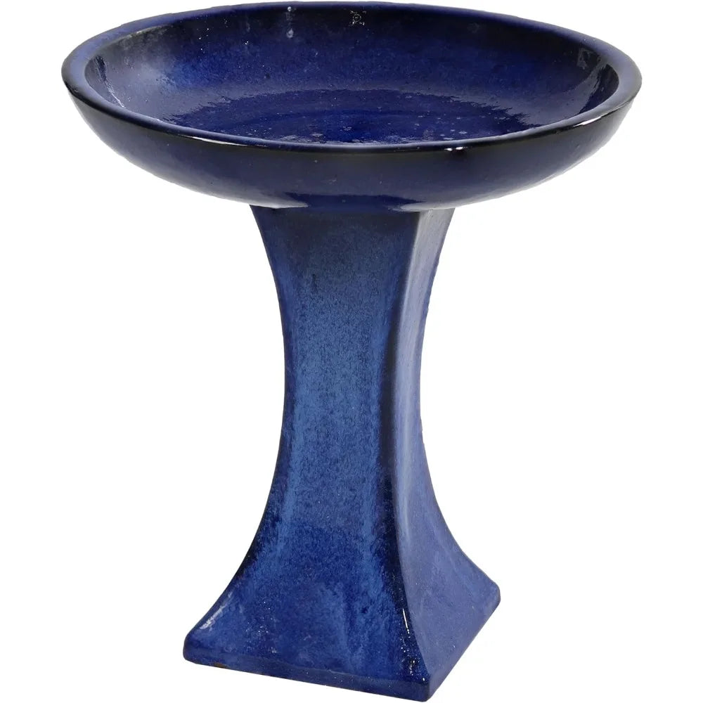Outdoor Ceramic Bird Bath With Pedestal Glazed Bowl Frost Resistant