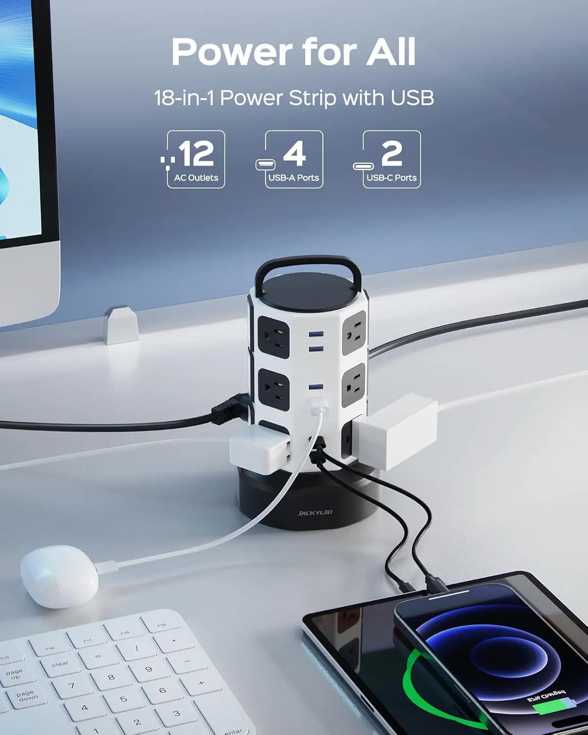 Retractable Power Strip Tower With 12 Outlets And USB Ports