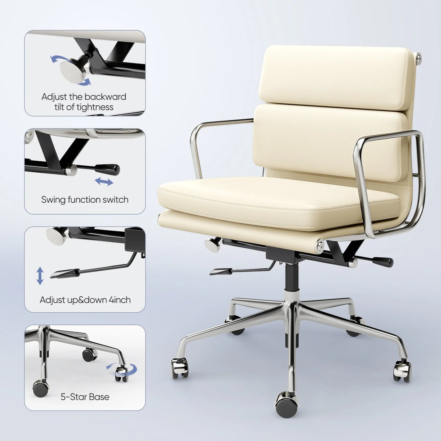 Furgle Mid Back Genuine Leather Ergonomic Office Chair With Lumbar Support