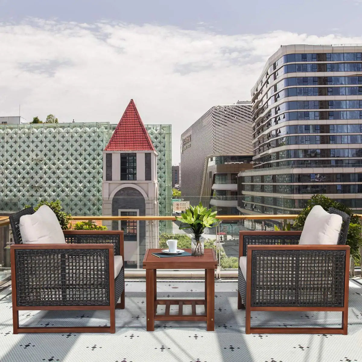 XIAOLANG Patio Wicker Furniture Set Cushions And Acacia Coffee Table