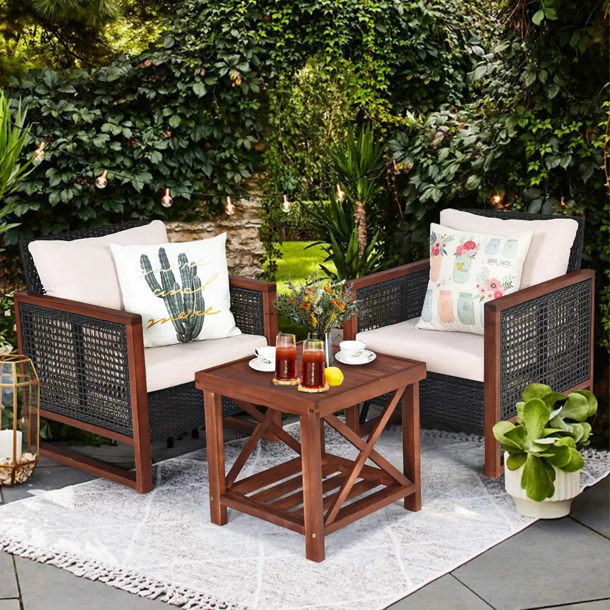 XIAOLANG Patio Wicker Furniture Set Cushions And Acacia Coffee Table