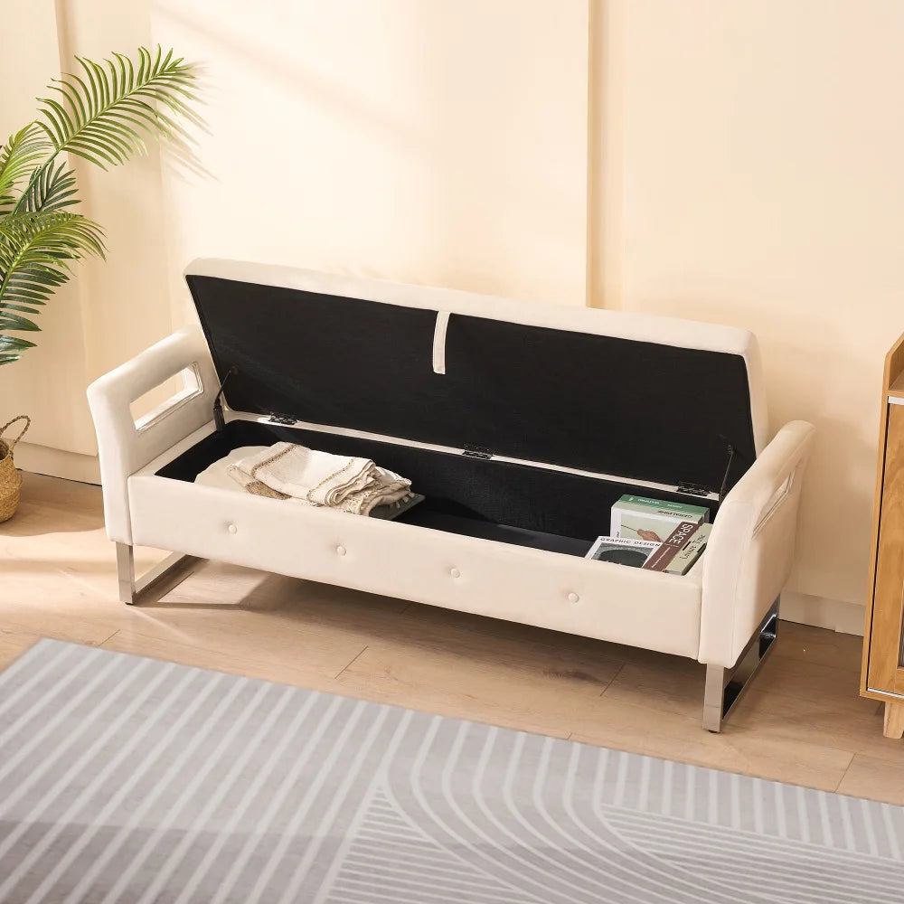 Velvet Storage Bench With Armrests For Living Room And Entryway