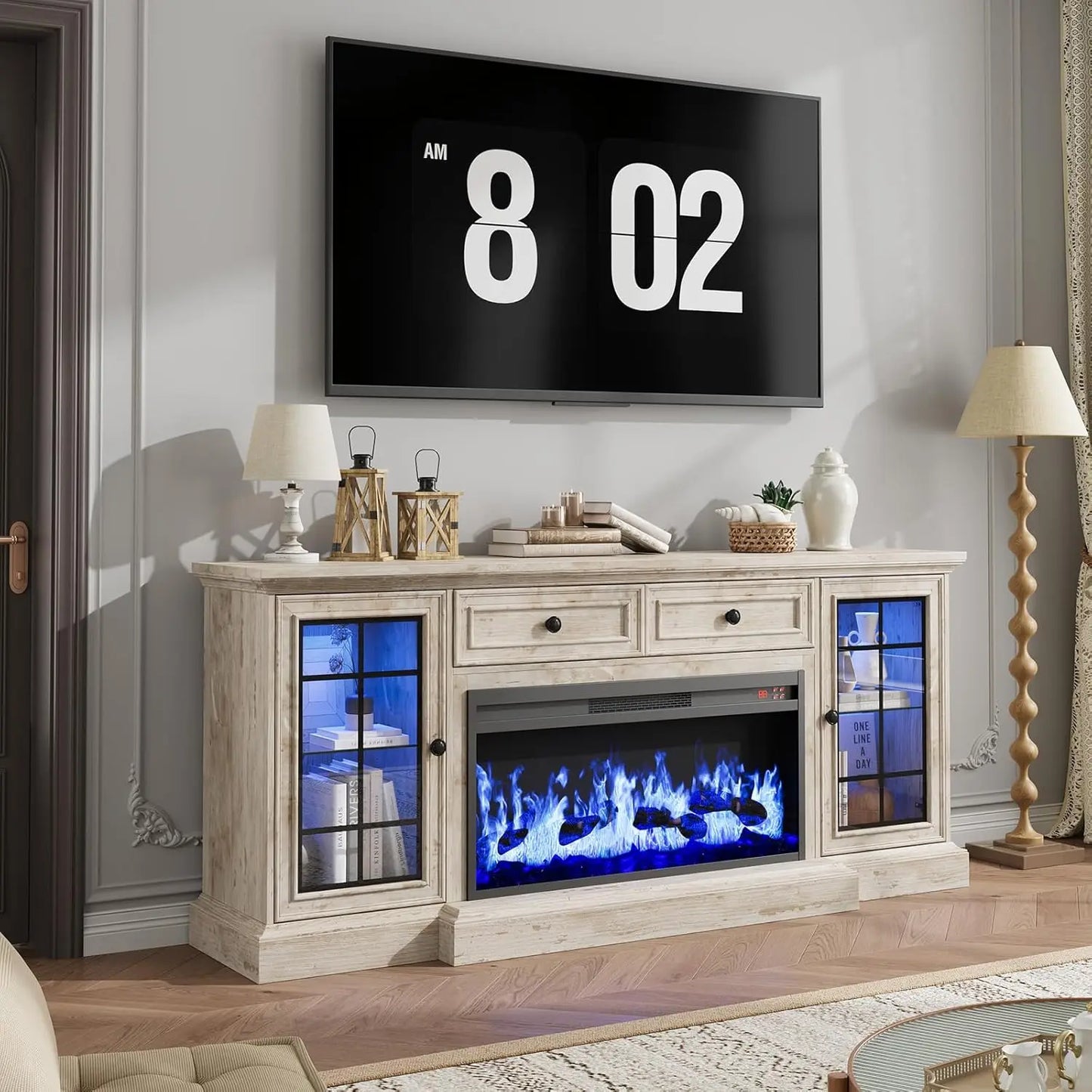 Contemporary TV Stand With Electric Fireplace And LED Lights