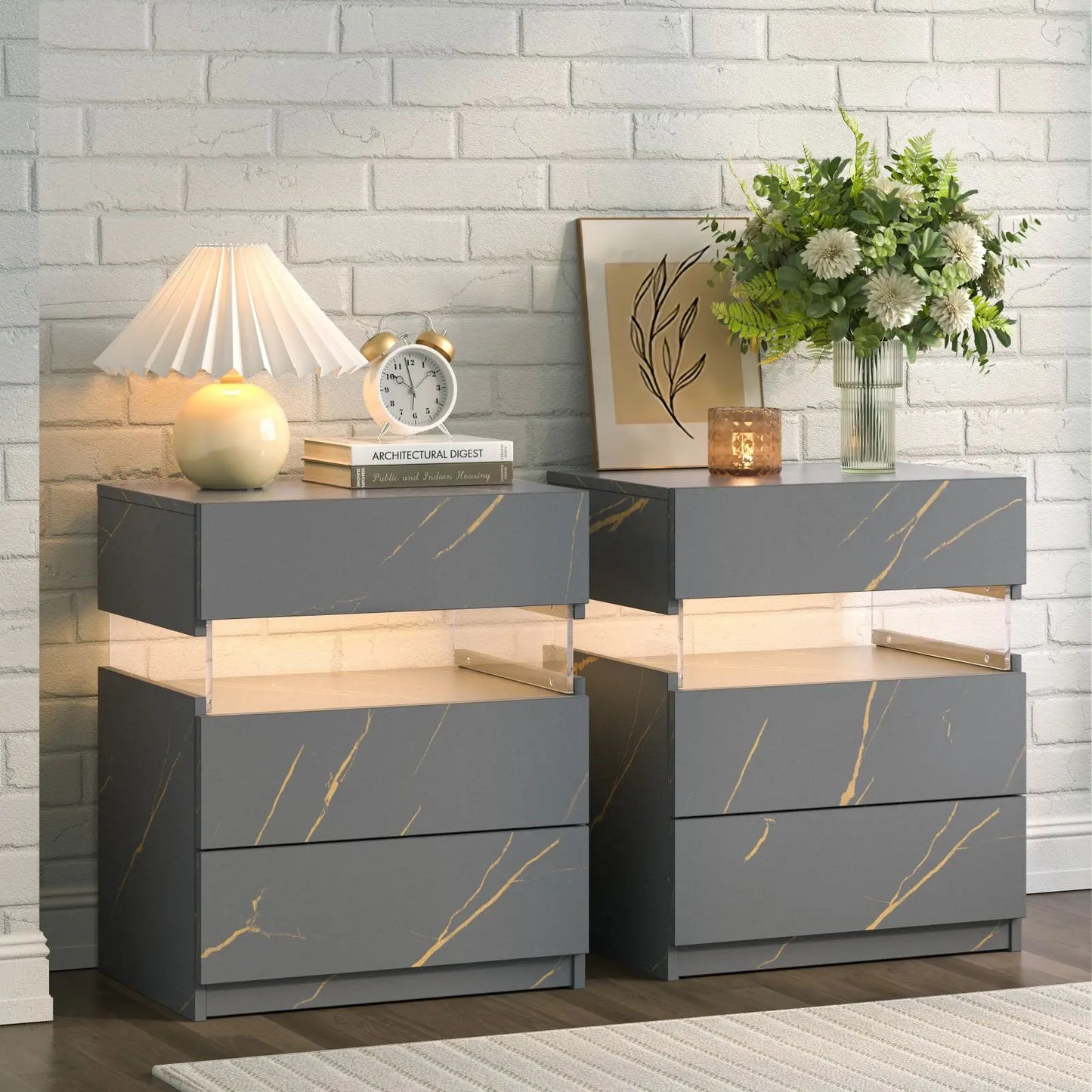 Cubehom Bedside Tables Set With LED Lighting Two Pieces Three Drawers